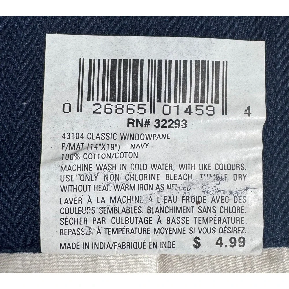 Nautica Navy Blue Windowpane Cotton Placemats Set of 4 Herringbone Compound‎